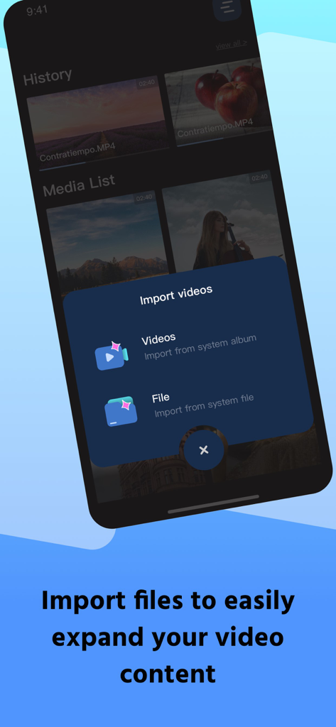 CineStream-Effortless Import - システムアルバムまたはファイルから選択するオプションが表示されたビデオインポートメニューを表示するCineStreamアプリインターフェース