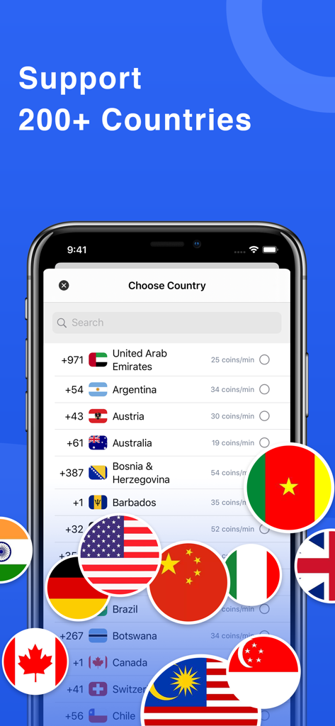Pantalla de la aplicación VCall mostrando las tarifas de llamadas internacionales para más de 200 países