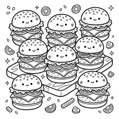 Get ready for a delicious coloring adventure with these super cute mini slider burgers! Designed especially for kids, this page is packed with adorable, smiling food friends waiting for a burst of color.