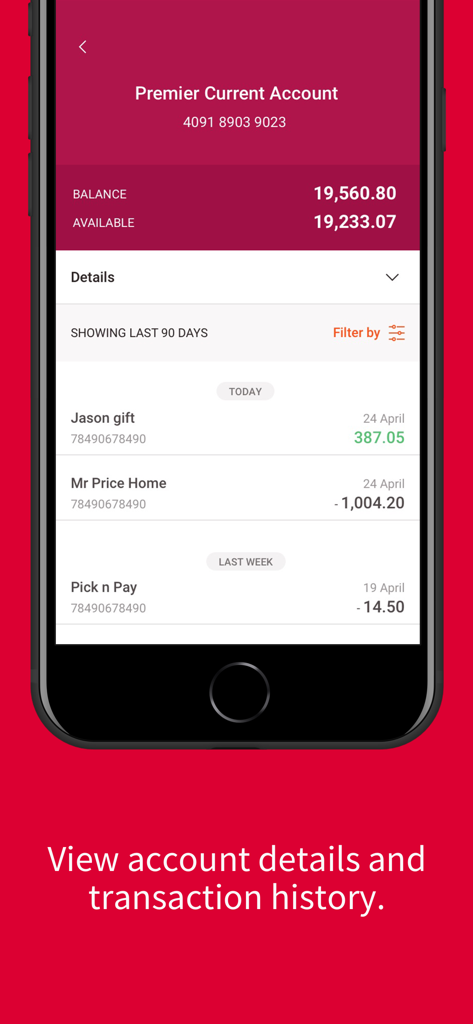 Absa Zambia - Absa Zambia app screenshot showing premier current account balance and transaction history