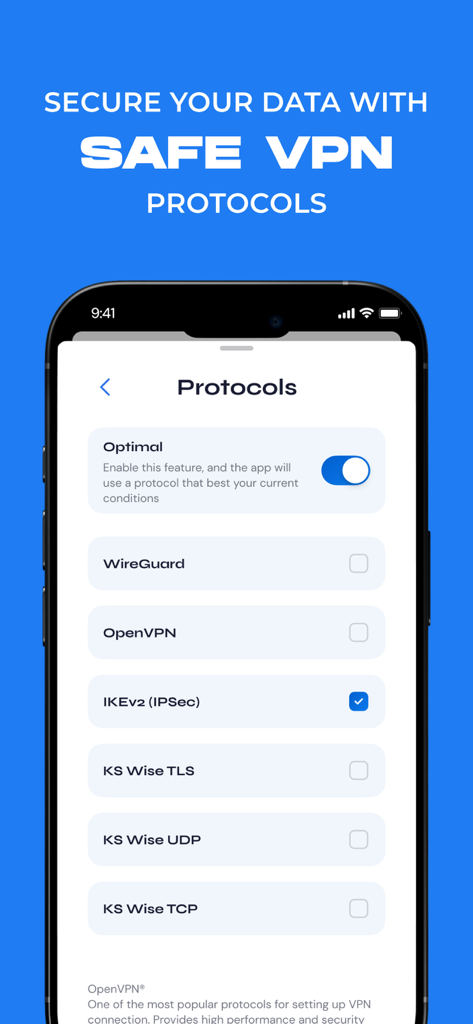VPN Safe Net app interface displaying various secure protocol selection options including WireGuard and OpenVPN