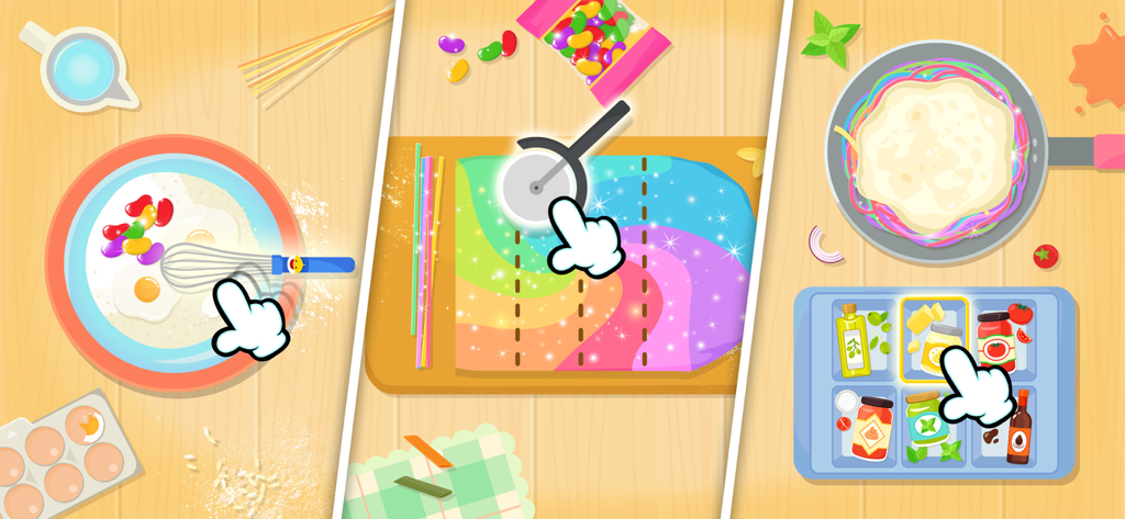 Baby Shark Pizza Game - Gameplay scenes from Baby Shark Pizza Game showing cooking steps like mixing and cutting rainbow dough