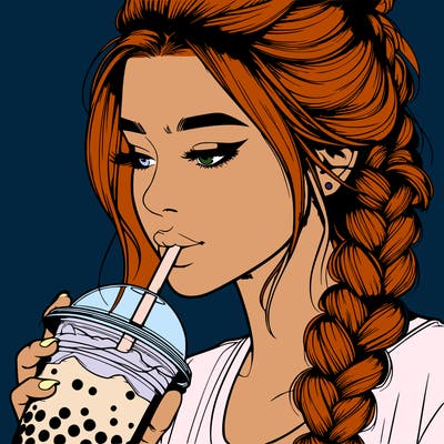 realistic girl drinking boba tea with braided hair
