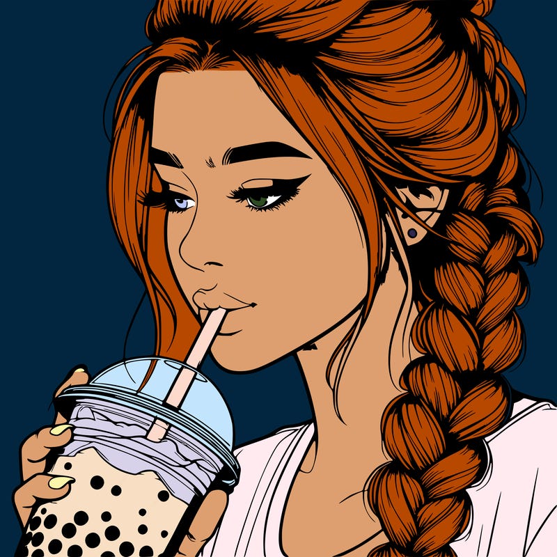 realistic girl drinking boba tea with braided hair
