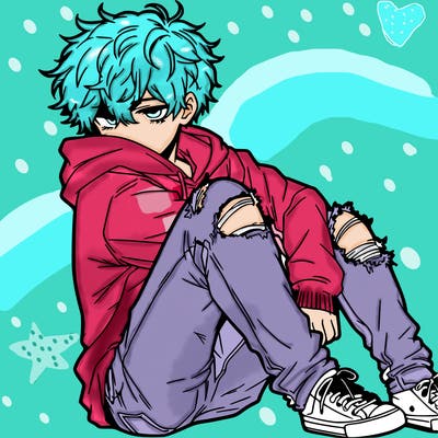 a male hoddie ripped jeans messy hair anime