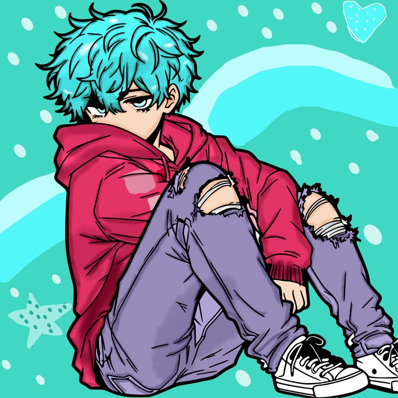 a male hoddie ripped jeans messy hair anime