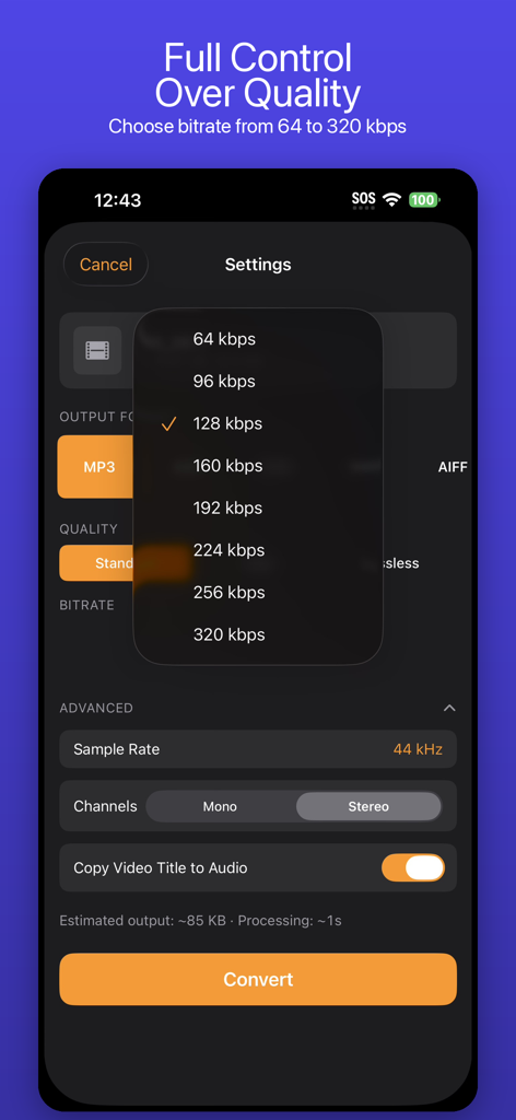 LudyVAC - Video to Audio - Interface de l'application LudyVAC montrant les paramètres de débit binaire et de qualité audio pour la conversion vidéo en audio