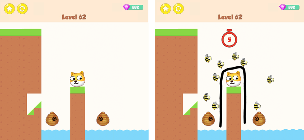 Save My Doggy - Dog Rescue - Capture d'écran du jeu mobile montrant un joueur dessinant une ligne noire pour protéger un chien des abeilles