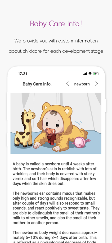 Baby Widget app screen showing newborn development and care information