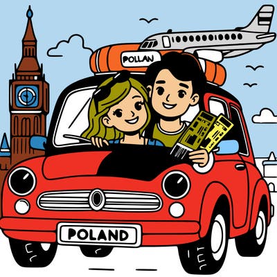 a couple in a car with plane tickets to poland