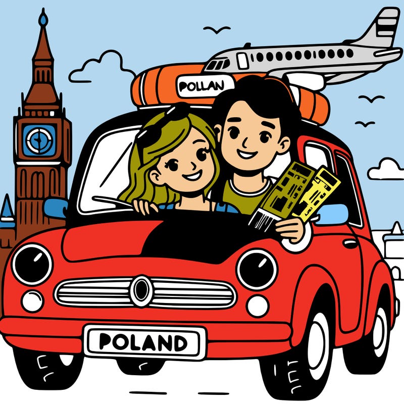 a couple in a car with plane tickets to poland