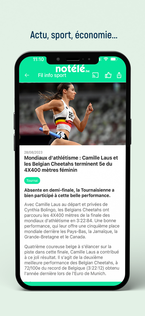 notélé - Smartphone screen showing a local sports news article about Belgian athlete Camille Laus on the notele app.