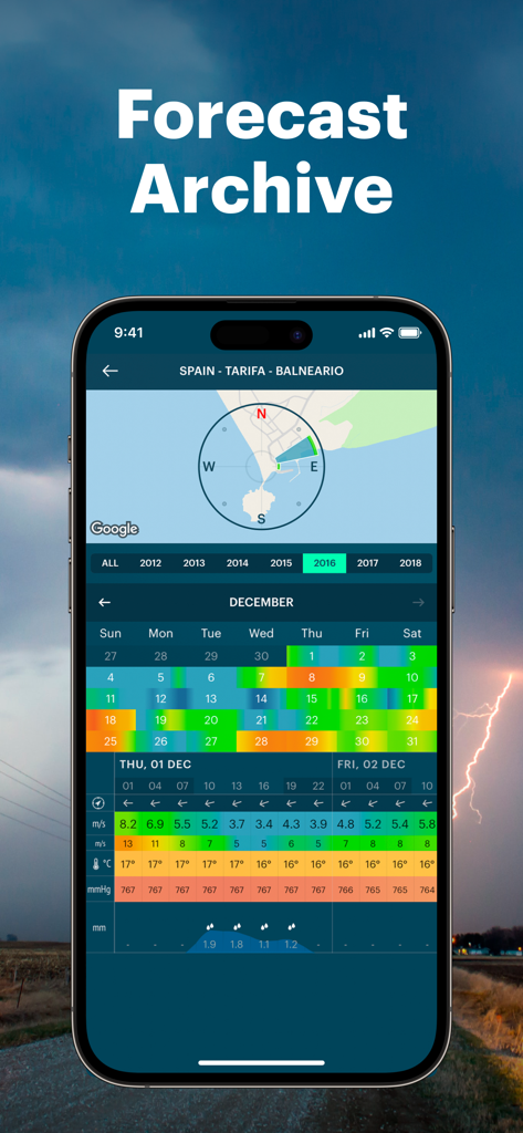Windy.app forecast archive screen showing historical wind and weather data for Tarifa Spain