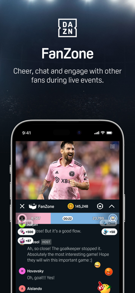 DAZN app FanZone feature showing live chat and fan reactions during a soccer match