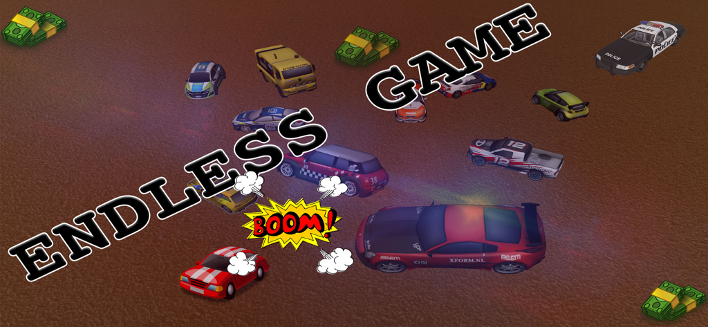 Cartoon Car Chase Challenge - Top down view of cartoon cars dodging police in an endless chase with explosions and cash