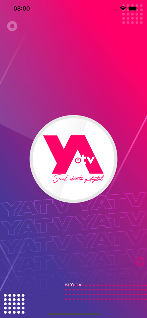 YATV - 퍼플 그라데이션 배경에 핑크와 화이트 로고와 'senal 아시에르타 이 디지탈' 슬로건이 특징인 YATV 앱 시작 화면