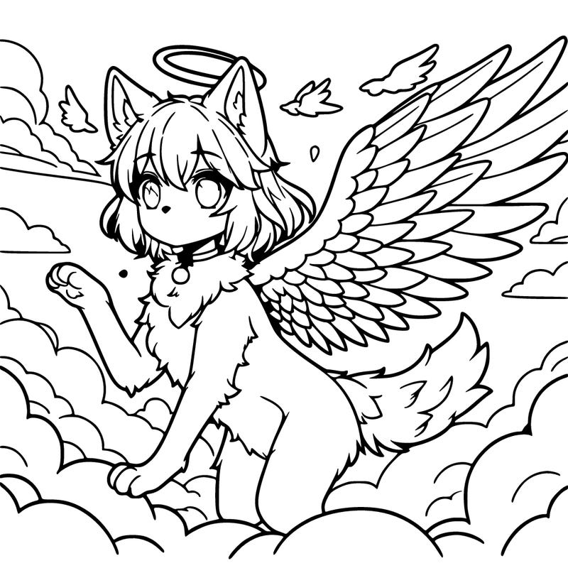 anime style angel wolf with halo and wings in the sky