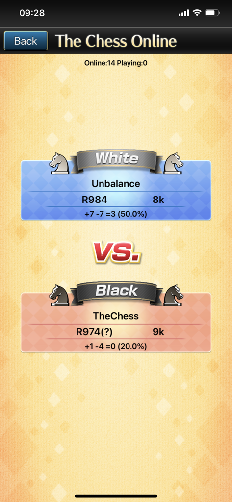 Un écran montrant les statistiques du joueur et les classements ELO pour une partie d'échecs en ligne