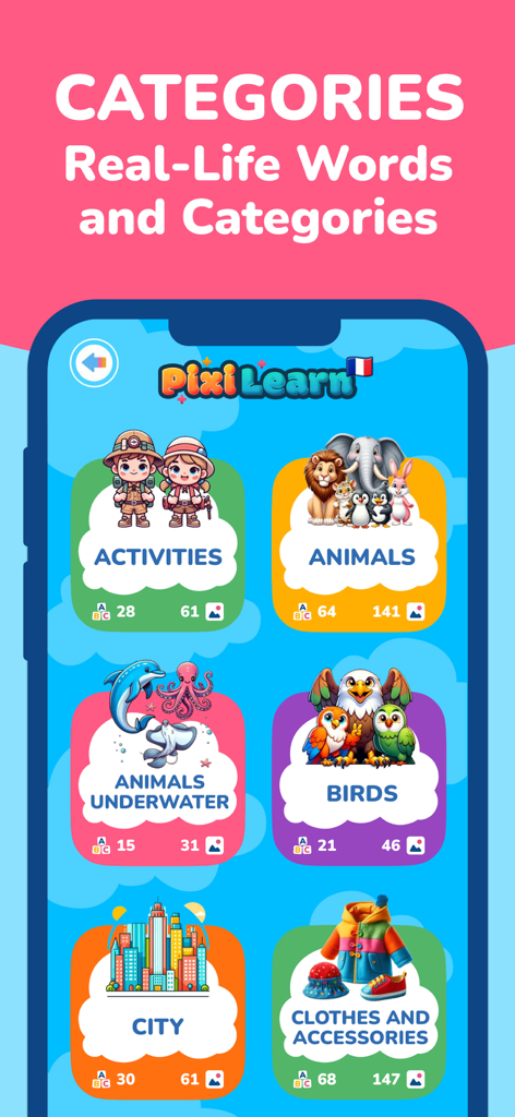PixiLearn - French FlashCards - Captura de pantalla de la aplicación PixiLearn que muestra varias categorías de vocabulario francés como animales, pájaros y actividades con ilustraciones coloridas