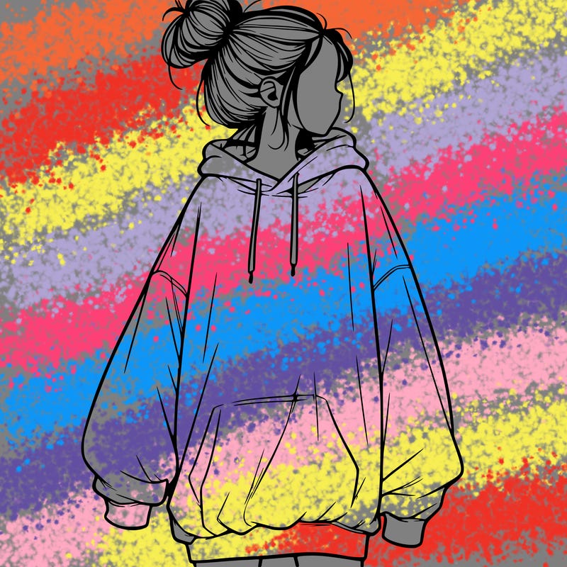 realistic girl with a oversized sweatshirt on and a bun