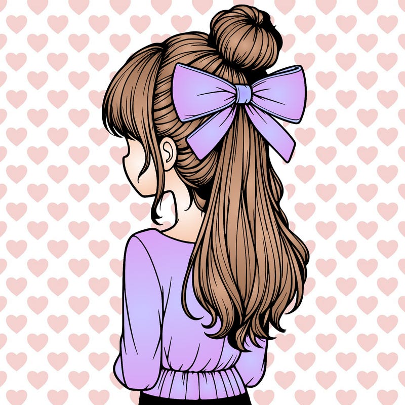realistic girl  with hip length hair a bun and a big bow on the back of head