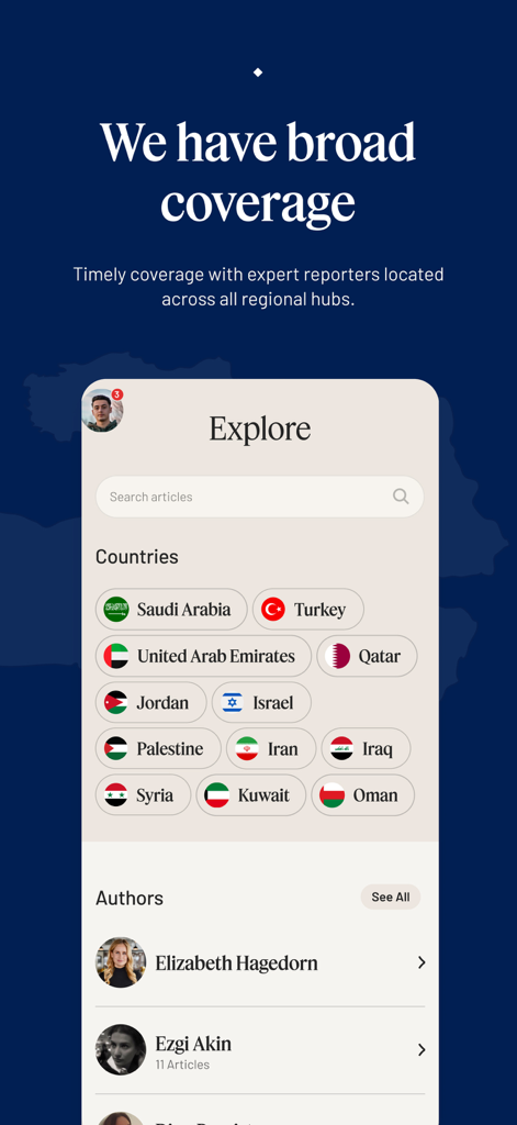 AL-Monitor - The Explore screen of the Al-Monitor app showing news categories for Middle Eastern countries and profiles of expert reporters.