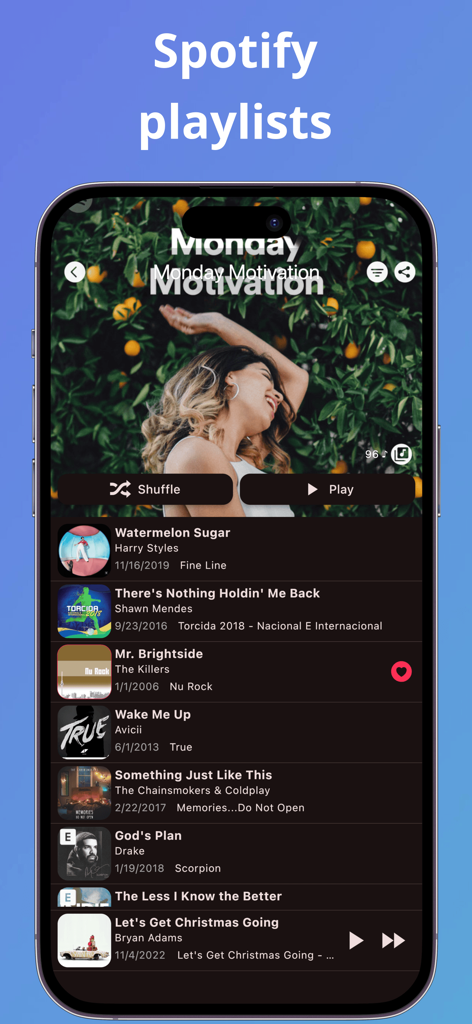 Player for Apple Music: Meows - Meows app interface showing a Spotify playlist with shuffle and play options on an iPhone screen