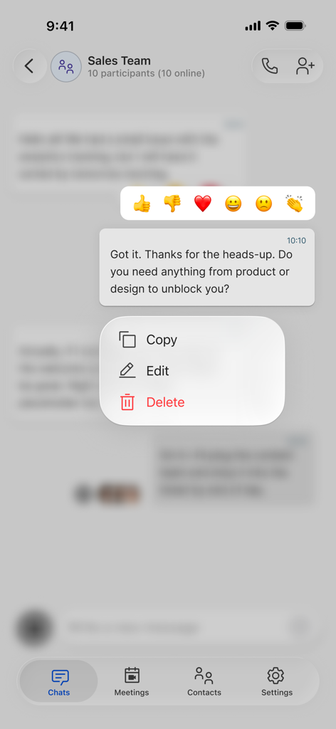 Interface do aplicativo móvel HCL Sametime mostrando emojis de reação de mensagem e um menu de contexto com opções de copiar, editar e excluir em um chat em grupo