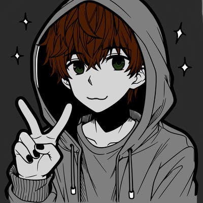 teenage manga boy in a hoodie, doing ✌