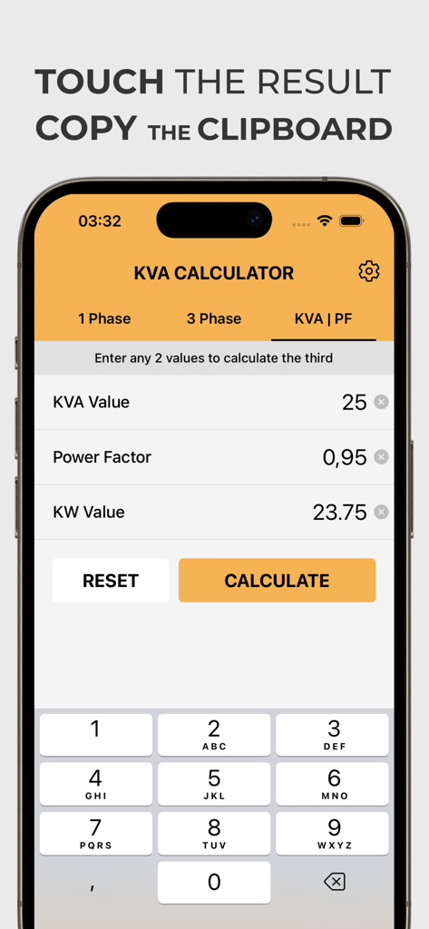 Interfaccia dell'app mobile Calcolatore KVA per il calcolo del fattore di potenza e dei valori di kilowatt