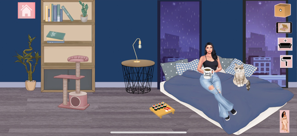 Lofti: Dreamy Room Decor Game - A character sitting on a bed with a cat in a cozy room with aesthetic decor and a rainy city view