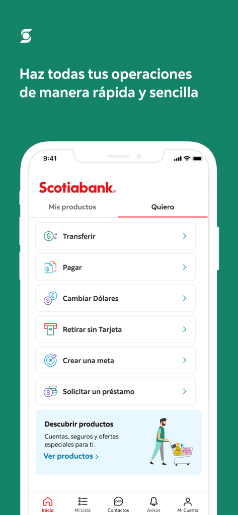 Scotiabank Perú - Interface do aplicativo Scotiabank Peru mostrando a aba Quiero com opções para transferências, pagamentos de contas e câmbio.