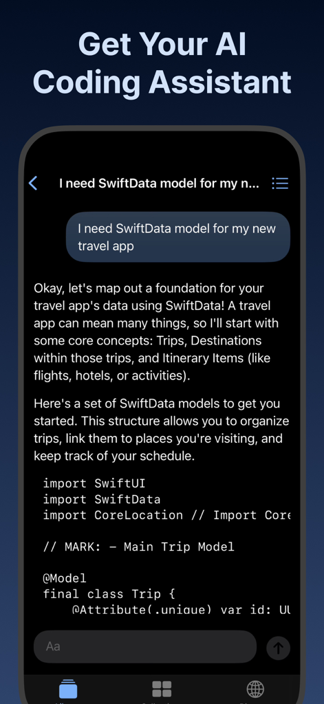 Compot: SwiftUI with AI - A mobile app screen showing an AI assistant providing SwiftUI code for a travel app data model.
