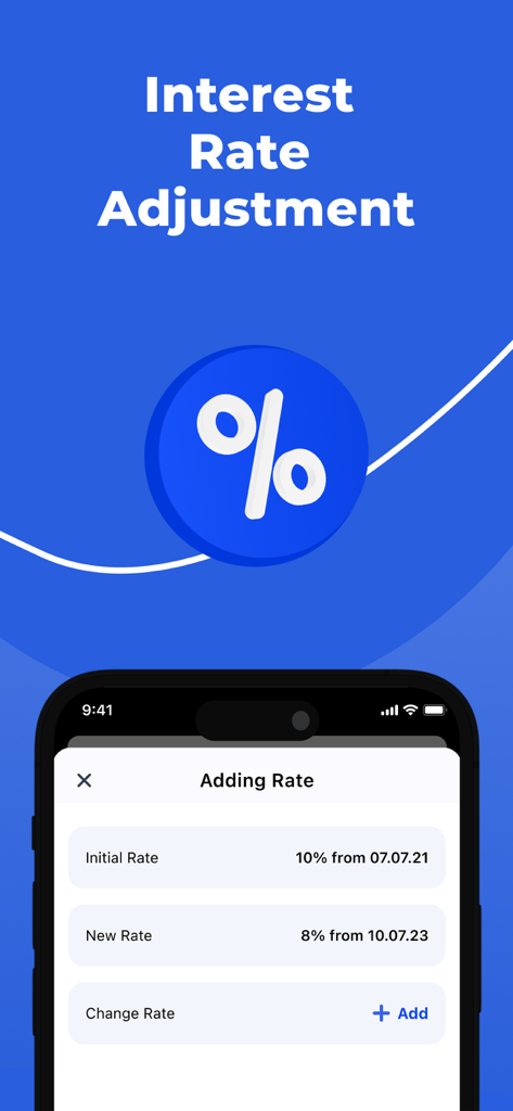 Mortgage app interface showing an interest rate adjustment from ten percent to eight percent