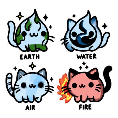 4 cats that represent the different elements, earth, water, air, and fire