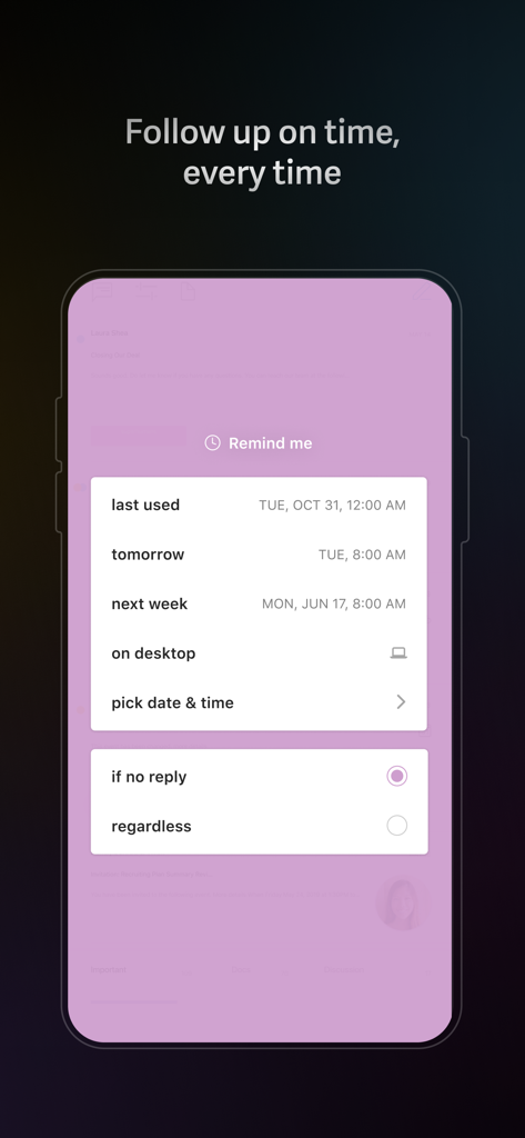 Superhuman Mail interface for setting email follow up reminders