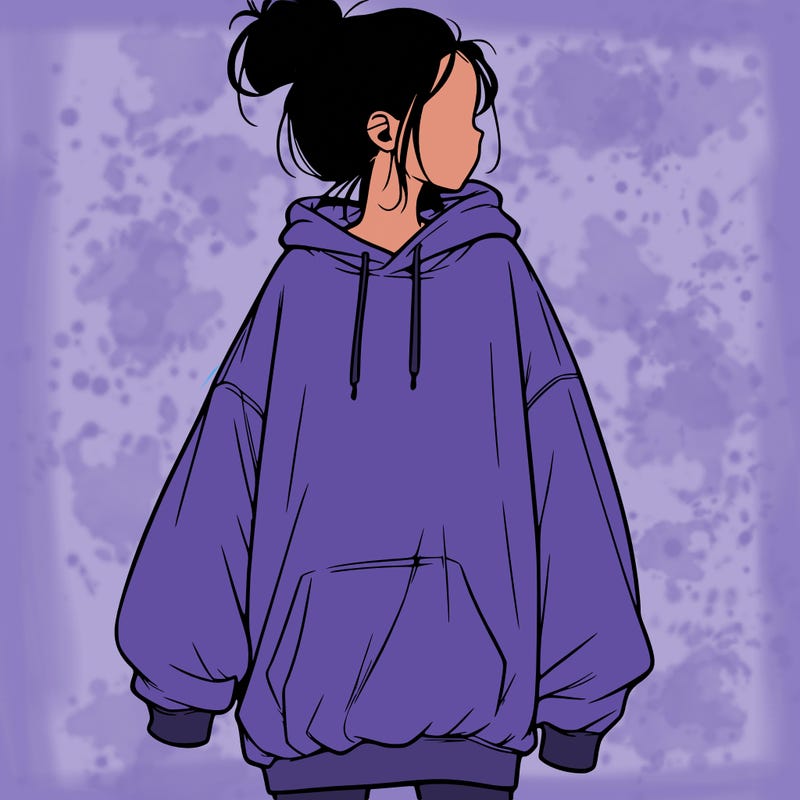 realistic girl with a oversized sweatshirt on and a bun