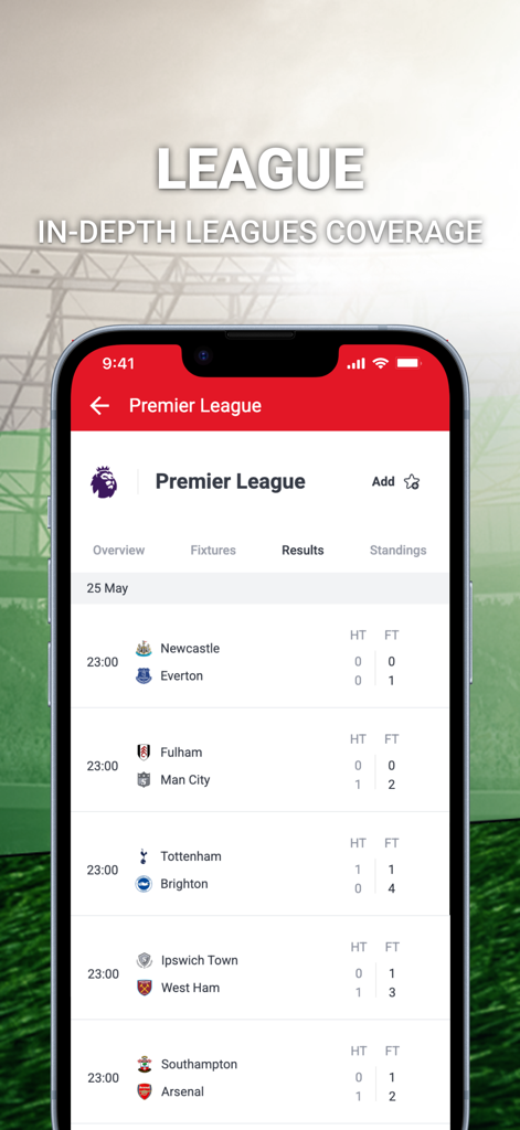 Sporty.com - Screenshot of the Sporty.com app showing Premier League football results and in-depth league coverage