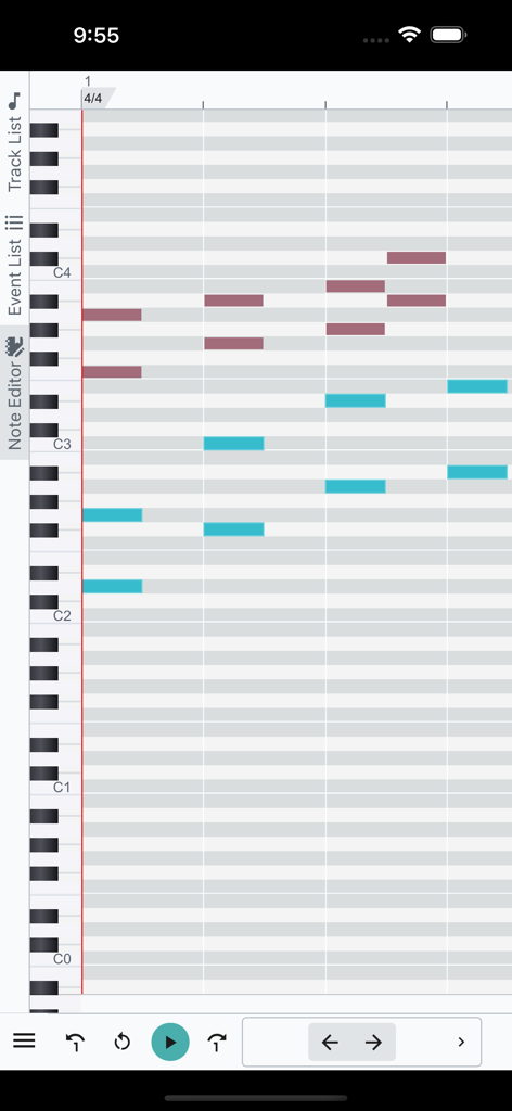 Midify app piano roll interface with MIDI notes and vertical keyboard