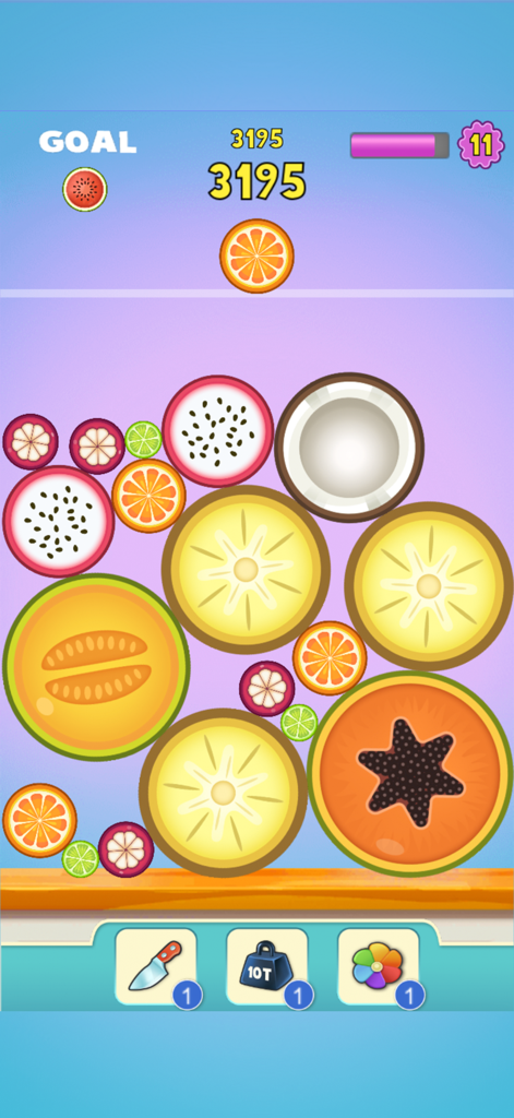 100 Merge Melons - Gameplay screen of 100 Merge Melons with various fruits stacked in a container