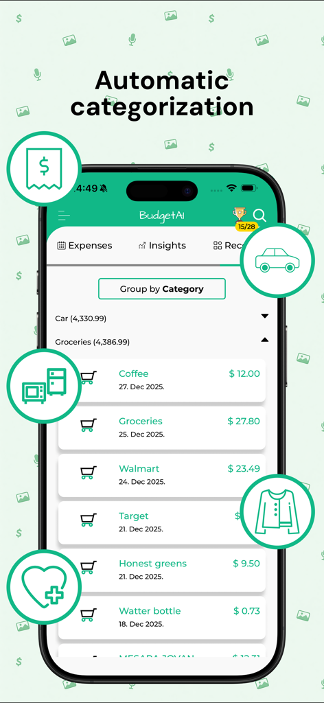 Bill Organizer - BudgetAI - Mobile app interface showing automatic categorization of expenses like coffee and groceries in the Bill Organizer BudgetAI app