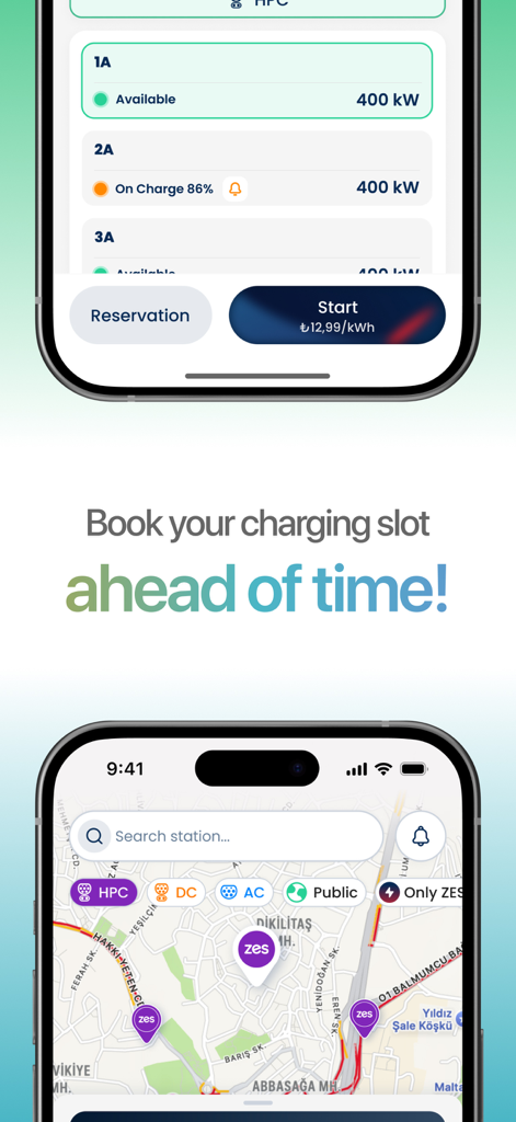 Zes-EV Station Network - Zes-EV mobile app interface showing charging station map and slot reservation features