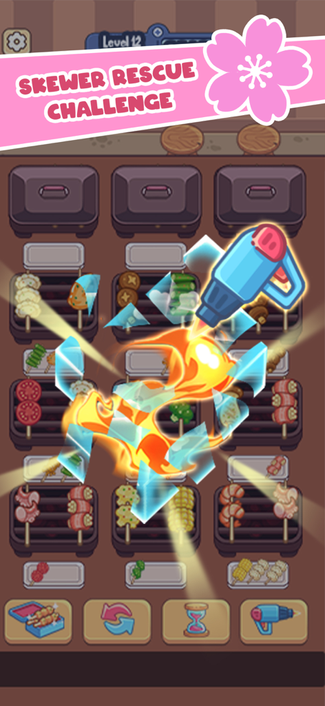 A gameplay screenshot of BBQ Sort showing a blowtorch power-up melting ice over food skewers in the Skewer Rescue Challenge.