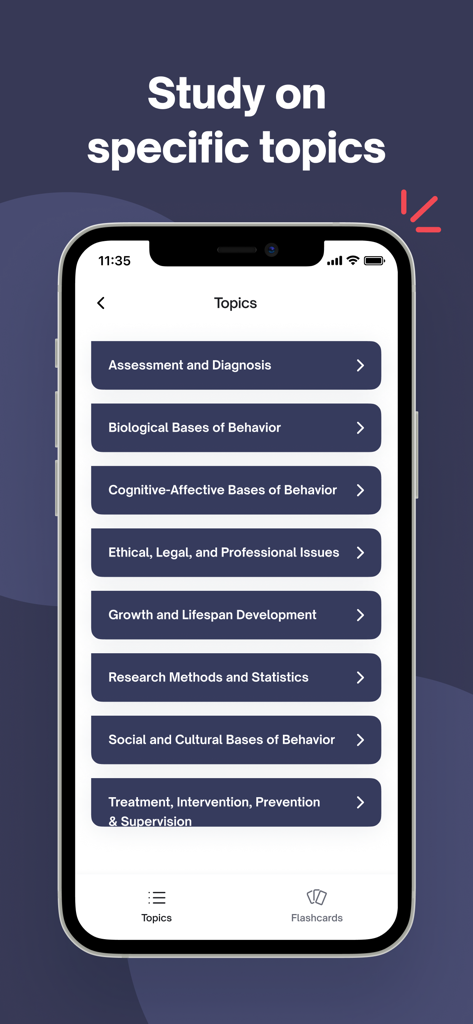 EPPP Exam Prep app interface showing a list of study topics categorized by professional psychology domains.