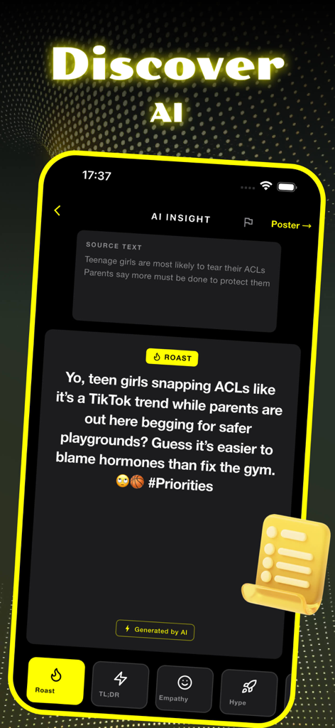 Capture & Create - Vivid - Vivid App-Oberfläche, die einen KI-generierten Roast von Text mit einem kontrastreichen gelb-schwarzen Layout zeigt