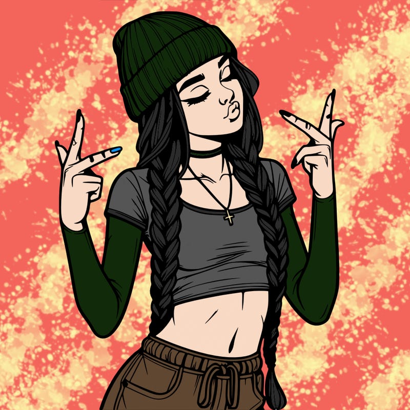 realistic teenage girl with braids and a beanie and crop top doing 🫶🏼