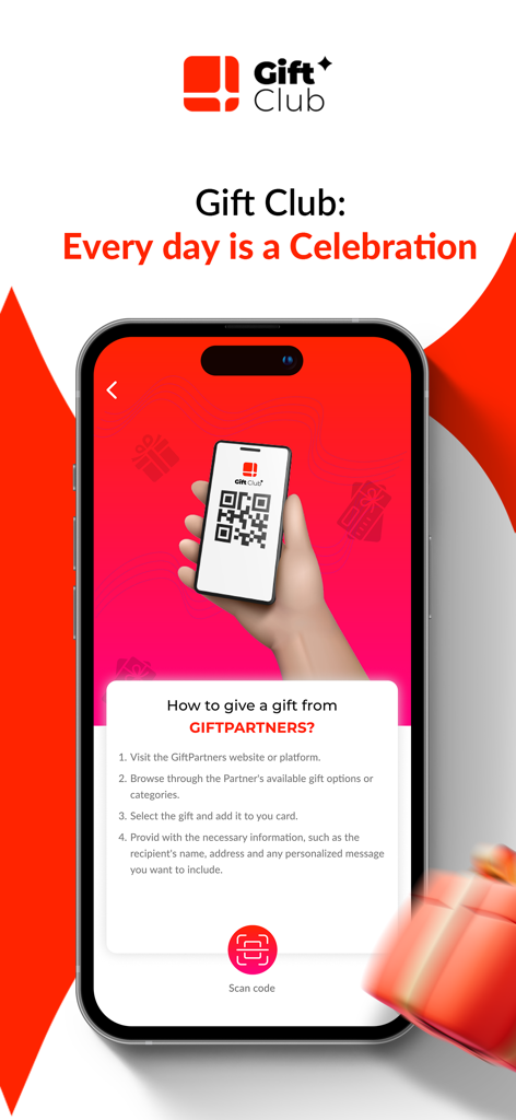 Star.Club - Pantalla móvil que muestra instrucciones sobre cómo dar un regalo a través de los socios de Gift Club