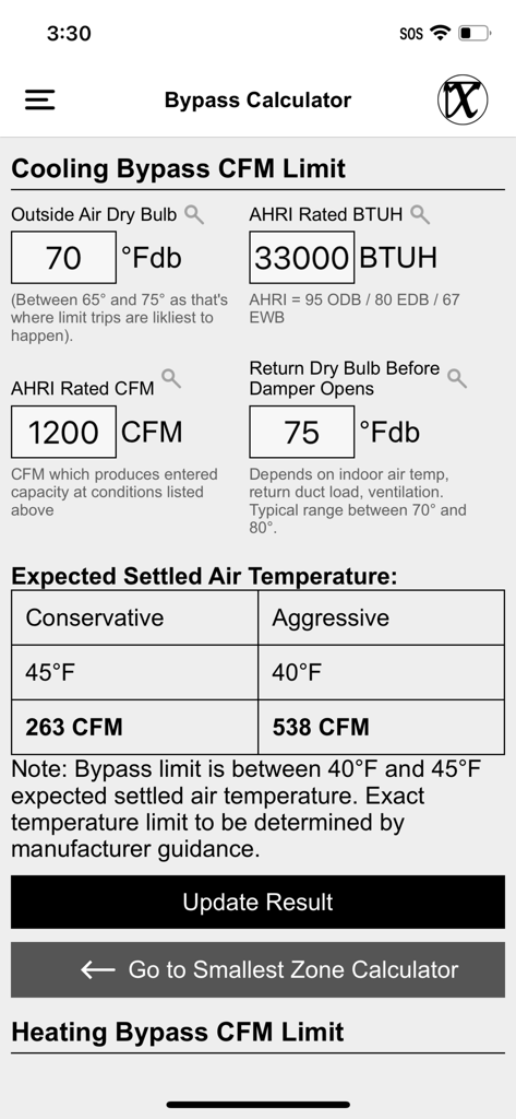 Bypass Calculator screen in Mean HVAC BS Tools showing cooling bypass CFM limit and air temperature calculations.