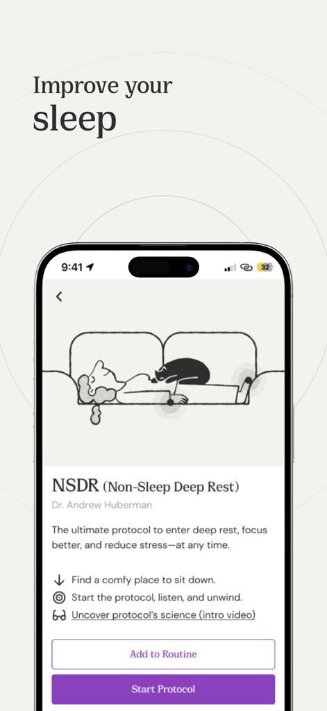 Virtusan: NSDR, 40 Hz and more - Virtusan app interface showing the NSDR protocol by Dr Andrew Huberman for deep rest and improved sleep