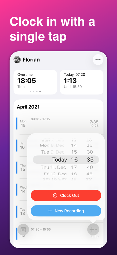 Smartphone-Bildschirm mit der WorkTimes App-Oberfläche und Optionen zum Ausstempeln und Starten einer neuen Aufzeichnung